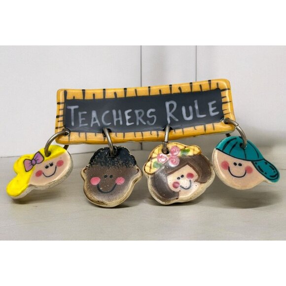 Vintage Teachers Rule Brooch Ruler Pin with Four Dangling Student Faces - Picture 7 of 7